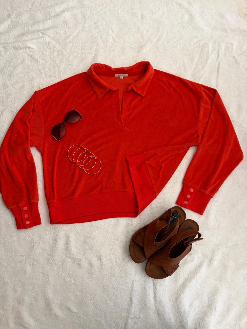 Z Supply red/orange velour collard pullover sweater women’s size XL cozy, lounge